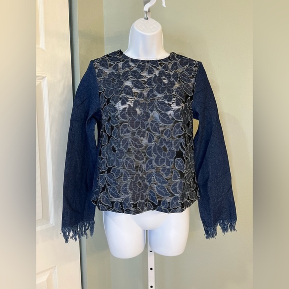 English Factory Tops - English Factory Womens Embroidered Floral Fringe Denim Blouse Blue XS NWT